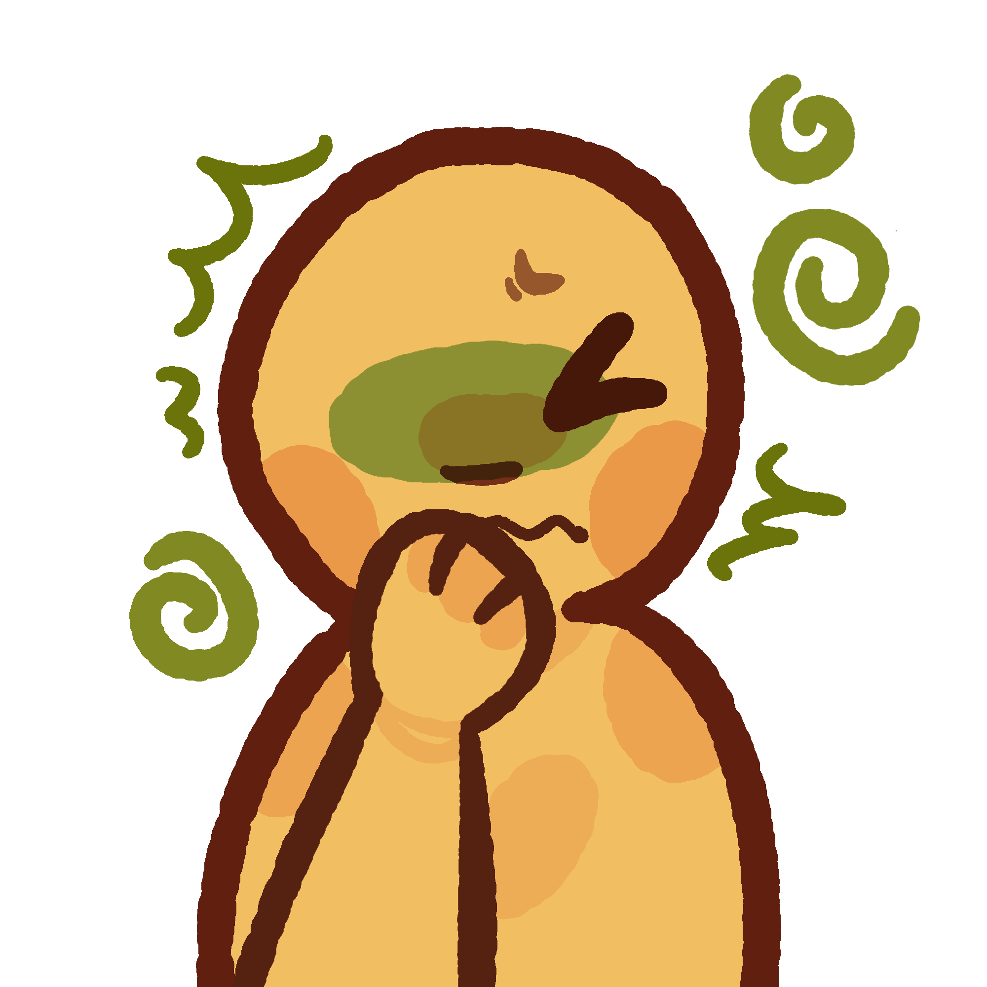 A simple yellow person with an upset expression, a green hue around the middle of their face. A hand is covering half of their mouth, while there are dark lime swirls and other marks to signify a sick feeling